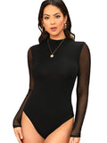 1 x RAW Customer Returns DIDK Women s Bodysuit Stand-Up Collar Plain Elegant Bodies Bodysuits Transparent Mesh Long Sleeve T-Shirt Casual Black 9S - RRP €29.23