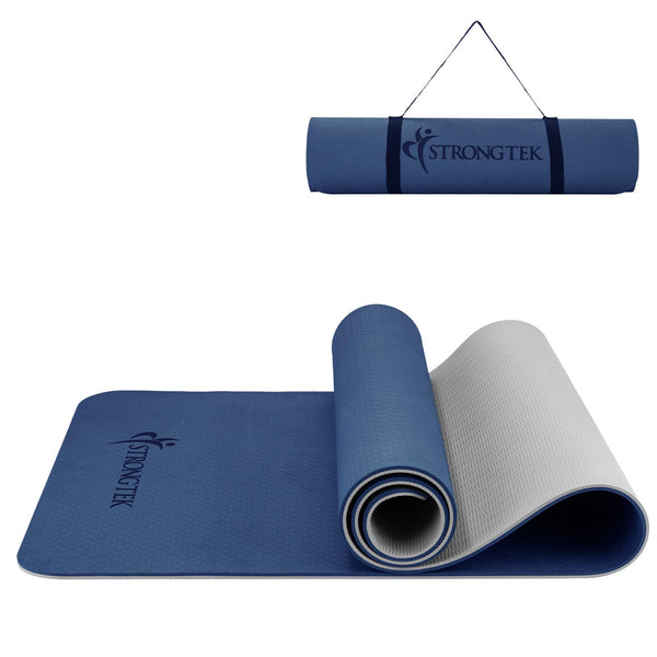 1 x RAW Customer Returns Strongtek Extra Thick Yoga Mat, 8mm Double Sided Non-Slip Gym Mat, Fitness Mat with Carrying Strap for Pilates and Floor Exercises Blue  - RRP €30.61