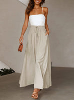 1 x RAW Customer Returns Dokotoo Palazzo Women s Summer Trousers High Waisted Casual Long Boho Solid Color Leisure Cotton Pants with Pockets Stylish Drawstring Elastic Pants Fabric, A Beige, M - RRP €36.99