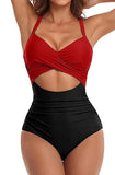 1 x RAW Customer Returns jakloz Swimsuit Women V Neck Lace Up Swimwear Swimsuit Tummy Control Cut Out One Piece Beachwear Swimsuit Red, L  - RRP €28.99