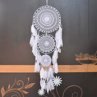 1 x RAW Customer Returns EasyBravo Extra Large Boho Style Dream Catcher with 3 Circles White Feather Macrame Wall Hanging for Vintage Wedding or Home Decoration 35cm Circle 110cm Long - RRP €19.99