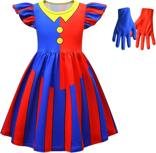 2 x Brand New Cimefi Digital Circus Pomni Costume for Girls Clown Dress Party Outfit with Gloves - RRP €34.28