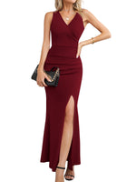 1 x RAW Customer Returns Laughido Cocktail Dress Wrap Dress Elegant Long Evening Dresses Women s Maxi Dress Party Dress Festive Bodycon Wedding Summer Dress Burgundy, X-small  - RRP €48.99