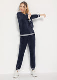 1 x RAW Customer Returns Enjoyoself Women s Velours House Suit Cozy Jogging Suit with Striped Cuffs 2 Piece Sporty Suit for Home Leisure Navy Blue, XXL - RRP €30.04