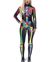 1 x RAW Customer Returns IDGREATIM Womens Halloween Catsuit 3D Colorful Skeleton Print Zipper Back Halloween Cosplay Costumes Long Sleeve Skinny Catsuit Full Bodysuit M - RRP €21.73