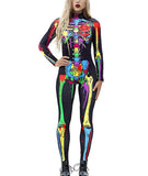 1 x RAW Customer Returns IDGREATIM Womens Halloween Catsuit 3D Colorful Skeleton Print Zipper Back Halloween Cosplay Costumes Long Sleeve Skinny Catsuit Full Bodysuit M - RRP €21.73