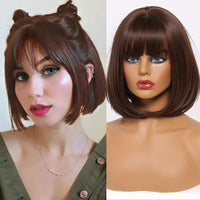 24 x Brand New Dark Brown Short Wig with Bangs 12 Inch Bob Shoulder Length Heat Resistant Straight Synthetic Hair Wig for Women Multiple Scenes - RRP €599.52