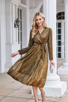 1 x RAW Customer Returns GRACE KARIN Women s Wrap Dress Elegant V Neck Sequin Dress Long Sleeve Midi Dress Bridesmaid Dress Gold L - RRP €43.61