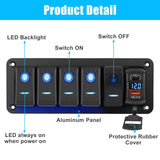 1 x RAW Customer Returns 12V DC Switch Panel, 5 Toggle Switch Aluminum Panel with 4.8A PD QC3.0 Charging Socket and Digital Voltmeter Display, Waterproof ON OFF Toggle Switch for Cars Boats RVs Trucks Circuit Control - RRP €36.99