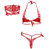 1 x Brand New HOTSO Babydoll Lingerie Outfit 3-piece, Women s Deep V-neck Halter Lace Lingerie Translucent Strap Lingerie Party Wedding Night Lingerie Lace Teddy Red  - RRP €27.6