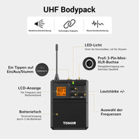 1 x RAW Customer Returns TONOR UHF microphone wireless set with headset headband wireless microphone lavalier clip-on microphones bodypack transmitter, mini receiver 6.35 mm output 60 m range wireless microphone for live performances - RRP €45.99