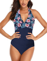 1 x RAW Customer Returns SEBOWEL Women s Ruffled V Neck Monokinis Tummy Control One-Piece Swimwear Swimsuit Blue Flowers L - RRP €29.03