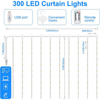 2 x Brand New LED curtain light, 3 m x 3 m LED fairy lights curtain, 8 modes curtain lights string light, 300 LED USB light curtain, LED fairy lights curtain with remote control timer, light curtain - RRP €28.22