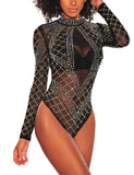 1 x RAW Customer Returns SEBOWEL Women s Sexy Sheer Mesh Bodysuit Rhinestone Transparent Long Sleeve Leotard Jumpsuit Tops Bodycon Blouse T-Shirt XL, Black  - RRP €30.24