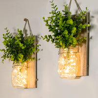 1 x RAW Customer Returns Mason Jar Light, 2 pieces , hallway decoration and decoration, green fake plant, fairy lights in glass, living room wooden decoration with, glass warm white garden hanging lights for outdoors green plants  - RRP €27.98