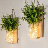 1 x RAW Customer Returns DYBOHF Mason Jar Light, 2 Pack , Rustic Wall Decoration, Fairy Lights in Glass, Green Fake Plant, Living Room Wooden Decoration with, Warm White Garden Hanging Lights for Outdoors Remote Control  - RRP €29.74