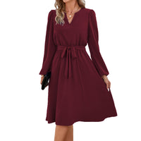 1 x RAW Customer Returns Yageshark Dresses for Women Midi Dress Long Sleeve V-Neck Solid Color Shirt Dress Elegant Casual Women Tunic Dress Wine, L  - RRP €28.99