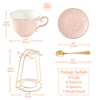 1 x RAW Customer Returns DUJUST Tea Cups and Saucers Set of 4 8 oz , Candy Color with Gold Trim, Petal Edge Coffee Cups with Metal Stand, Simple Style Porcelain Tea Party Set - Pink - RRP €43.24