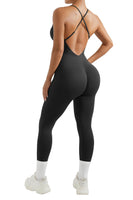 1 x RAW Customer Returns RXRXCOCO Spaghetti Strap Ribbed Sleeveless Jumpsuit Women Tight Backless Padded Overall Tummy Control Push Up Scrunch Booty Yoga Sport One Piece Romper Bodysuit Black S - RRP €26.21