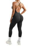 1 x RAW Customer Returns RXRXCOCO Spaghetti Strap Ribbed Sleeveless Jumpsuit Women Tight Backless Padded Overall Tummy Control Push Up Scrunch Booty Yoga Sport One Piece Romper Bodysuit Black S - RRP €26.21