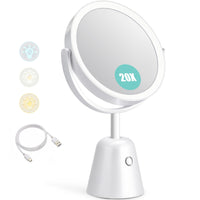 1 x RAW Customer Returns 20X Magnifying Mirror with Light, 8.5 Height Adjustable Illuminated Makeup Mirror, Dimmable 3-Color Lighting, Rechargeable Double-Sided Vanity Mirror, White - RRP €38.3