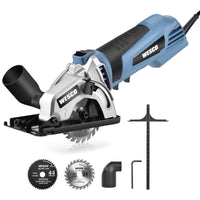 1 x RAW Customer Returns WESCO Mini hand-held circular saw, 500W circular saw, 5100RPM, max cutting depth 27mm 90 , hand-held circular saw with guide rail, 2 saw blades 24T 44T 85mm for woodwork - RRP €37.3