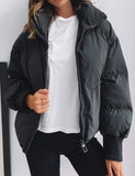 1 x RAW Customer Returns Vanchenl Women Winter Casual Zip Warm Puffer Jacket Loose Stand Collar Long Sleeve Short Padded Down Coats Black M - RRP €55.45