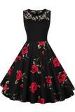 1 x RAW Customer Returns AXOE Women s 50s Rockabilly Dress Sleeveless Elegant Black with Red Rose Flower Pattern F1B, Size 48, 3XL - RRP €35.0