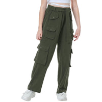 1 x RAW Customer Returns Rolanko Girls Baggy Cargo Pants, Elastic High Waist Straight Wide Leg Streetwear Pants with Multiple Pockets, Green, Size 160 - RRP €33.99