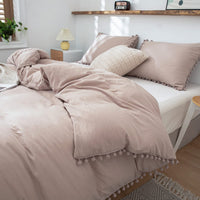 1 x RAW Customer Returns Freyamy Bohemia Bedding 135x200cm 2pcs Khaki Pom Pom Tassel Boho Chic Bedding Washed Microfiber Bedding Sets Fringe Girls Duvet Cover with Zipper and Pillowcase 80x80cm - RRP €36.26