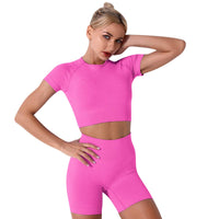 1 x RAW Customer Returns IMEKIS Women s 3-Piece Fitness Set Sports Bra with Crop Top and Shorts Seamless Yoga Clothing Fitness Workout Outfit Women Slim Fit Summer Biker Activewear Running Suit Rose M - RRP €39.11