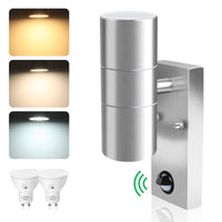 1 x RAW Customer Returns Stainless Steel LED Wall Lamps with Motion Sensor 8W 750LM Up Down Outdoor Applique, with 2x GU10 Bulbs Variable 3000K 4000K 6000K, IP65 Waterproof for Porch Garden, Silver - RRP €39.99