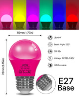 5 x Brand New LUTW Colorful Light Bulbs E27, 5W LED Colored Light Bulb Replaces 40W Incandescent Bulb, G45 Globe Colored Bulb Lamp for Wedding Halloween Christmas Party Bar, Purple Pink Yellow Green Red Blue, Pack of 6 - RRP €58.25