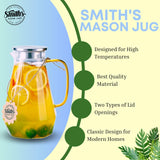 6 x Brand New Smiths Mason Jars 1.8L Classic Glass Water Jug with 2-Way Lid - Glass Jugs for Water, Stylish and Versatile Glass Jug with Lid - Holds up to Temperatures from 40 F to 300 F - RRP €120.72