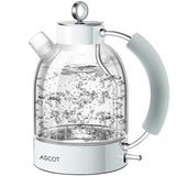 1 x RAW Customer Returns Glass kettle, ASCOT electric kettle stainless steel, 2200W, 1.6L, retro design, BPA free, quiet quick boil kettle, cordless tea kettle, boil-dry protection and automatic switch-off white  - RRP €66.54