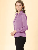 1 x Brand New Allegra K Women s Long Sleeve Ruffle V Neck Buttons Satin Shirt Blouse Purple M - RRP €27.55