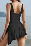 1 x RAW Customer Returns SHEKINI Women s One Piece Swimsuit V-Neck Backless Irregular Slit Swim Dress Women s Ruched Swimsuit Women s Tummy Control Swim Dress M, Black  - RRP €39.76