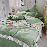 1 x RAW Customer Returns AShanlan Ruffle Bedding 135x200 4-piece Green White Romantic Ruffle Bedding Set Super Soft Microfiber Summer Green Duvet Cover with Pillowcase 80x80 cm Zipper - RRP €60.49