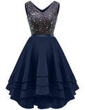 1 x RAW Customer Returns bridesmay Short Cocktail Dresses Sequins A-Line Prom Dress High Low Satin Formal Evening Dress for Women Navy Blue XL - RRP €59.48