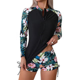 1 x RAW Customer Returns Owntop Women s 2 Piece Rash Guard, Long Sleeve Swimsuits UV UPF 50 Swim Shirt, Zipper Rash Vest, Floral Swimwear with High Waisted Boyshort Bottom for Swimming Surfing, Black L - RRP €25.44