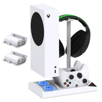 1 x RAW Customer Returns FYOUNG Vertical Cooling Stand with Controller Charging Station and Battery for Xbox Series S Accessories, Charging Station with Fan and 2x1400mAh Rechargeable Battery and Headset Holder - White - RRP €47.39