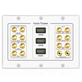 11 x Brand New TNP Home Theater Wall Plate - 3-Gang 7.2 Surround Sound Distribution with Premium Gold Plated Copper Banana Binding Plugs for 7 Speakers, 2 RCA Jacks for Subwoofer, 3 HDMI Ports for UHD 4K - RRP €432.41