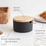 1 x RAW Customer Returns KOOK TIME ceramic sugar bowl with spoon and lid made of bamboo - sugar spoon for home and kitchen, modern spherical shape, for sugar, cheese, spices, 12.5 x 10 x 6.5 cm, black - RRP €18.14