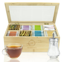 3 x Brand New Heriking Premium tea box including sugar shaker 100 bamboo wood, with 8 dividers - High-quality storage box with magnetic closure - Optimal space for 136 tea bags - RRP €53.31