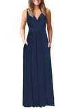 1 x RAW Customer Returns AUSELILY Maxi Dress Women Summer Sleeveless Dress Long Elegant Deep V-Neck Evening Dress with Pockets Navy Blue 2XL - RRP €38.99