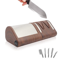 1 x RAW Customer Returns FISHTEC Electric Kitchen Knife Sharpener - Sharpening Polishing on 2 Levels - Metal or Ceramic Knives - Diamond Grinding Wheels - Highly Efficient Knife Sharpener - 21CM Wood  - RRP €49.99