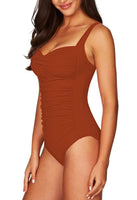 1 x RAW Customer Returns Viottiset Women s One Piece Strap Swimsuit Tummy Control Monokini Square Collar Ruched Swimwear Burnt Orange M - RRP €31.42