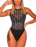 1 x RAW Customer Returns MAYFASEY Women s Striped Rhinestone Mesh Sleeveless Bodysuit Sexy Sheer Leotard Clubwear, Black, S - RRP €25.72