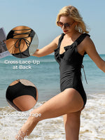 1 x RAW Customer Returns Summer Mae Women s One-Piece Swimsuit V-Neck Ruffle Tummy Control Monokini Black L - RRP €40.33