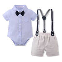 1 x RAW Customer Returns Volunboy Newborn Gentleman Outfits and Coordinates, Bow Shirt and Suspenders Shorts 12-18 months Blue Grey Size 80  - RRP €29.6